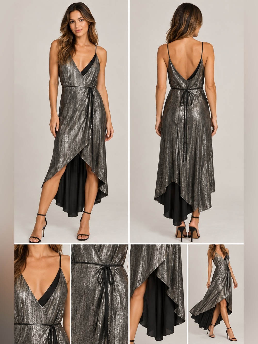 Mendocino Metallic Silver High-Low Slip Dress